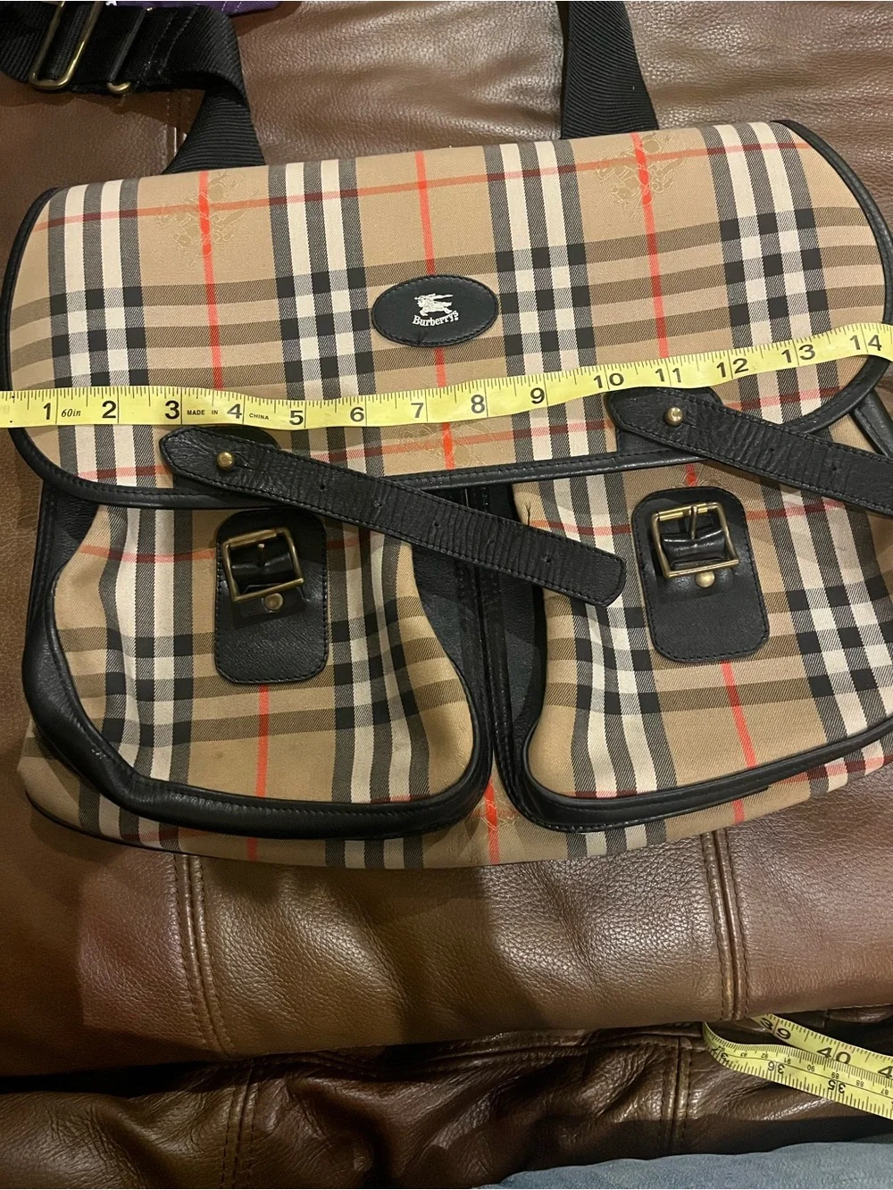 Vintage Burberrys Unisex Classic Plaid Messenger Bag - Beige with Black Trim